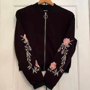 SHEIN Embroidered Sleeve Zip Up Bomber Jacket